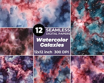 Watercolor Galaxy Nebula Patterns: 12 Seamless Digital Papers (12x12", 300 DPI)