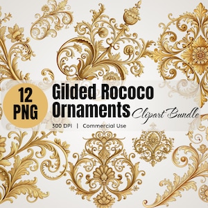 Clipart di ornamenti barocchi dorati, set di PNG di fioriture rococò vintage da 12, 300 DPI - Rotoli vittoriani barocchi per matrimoni, progetti di design