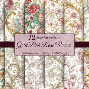 Op de afbeelding: Twaalf naadloze patronen met een goud, roze en roze rococo-ontwerp. De patronen tonen bloem- en sierelementen in een vintage stijl. De afbeelding bevat de tekst "Gold Pink Rose Rococo" en "12 Seamless Patterns".