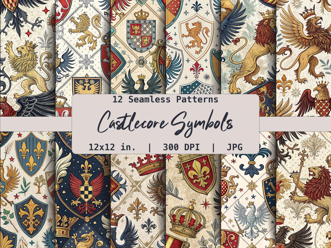 Heraldic Patterns Medieval Seamless Patterns Digital Heraldic Lion Crown Castle Paper ...
