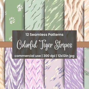 Può includere: Una collezione di 12 motivi senza cuciture con strisce di tigre colorate. I motivi presentano varie combinazioni di colori, tra cui beige, marrone, verde, viola e rosa. L'immagine include anche il testo "Colorful Tiger Stripes" e "commercial use | 300 dpi | 12x12in jpg."