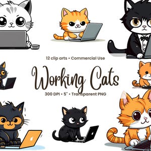 Puede incluir: Una colección de gatos de dibujos animados trabajando en portátiles. Los gatos son de varios colores, incluyendo blanco, naranja y negro. La imagen incluye el texto "Working Cats" y otros detalles sobre el clip art.