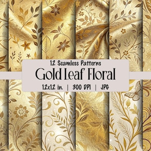 Gold Floral Digital Papier Nahtlose Muster Metallic Textur Hintergrund Luxus Hochzeit Scrapbook Papier Blattgold Wallpaper Design Pack