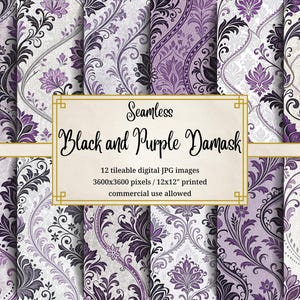 Lila Damask Digitales Papier Schwarz Floral Viktorianische Tapete Hintergrund Elegantes Hochzeits-Sammelalbum-Muster Klassisches Modernes Barock Design Pack