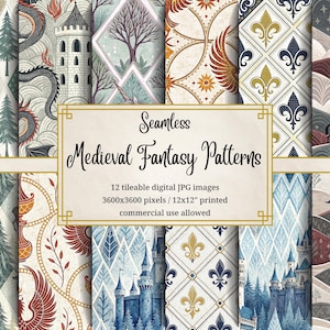 Mittelalterliche Fantasy Digitale Papiere Musterdesign Schloss Drachen Ritter Phoenix Wald Winter Wald Fleur De Lis Märchen Background Pack