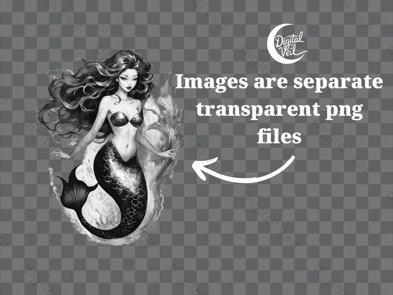 Dark Sirene Clipart: Mystische Meerjungfrau, Aquarell Fantasy & Elegante Meeresgöttinnen (Kommerzielle Nutzung) Bild 6
