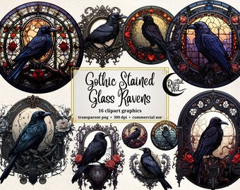 Gothic Stained Glass Raven Clipart: Vintage Art (300 DPI)