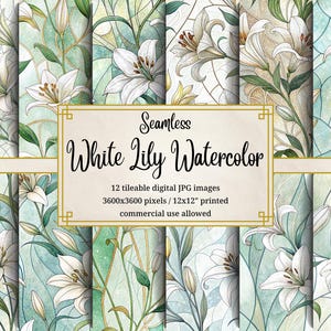 Padrão de lírio branco Papel digital Aquarela Fundo floral Design sem costura Vitral Convite de casamento Páscoa Primavera Arte Verde menta