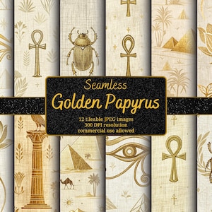 Könnte beinhalten: Zwölf nahtlose digitale Papiermuster mit goldenen ägyptischen Motiven auf cremefarbenem Hintergrund. Die Muster umfassen ein Auge des Horus, ein Ankh, Skarabäen, Lotusblumen, Pyramiden und Palmen. Der Text "Seamless Golden Papyrus" wird in einem schwarzen Banner angezeigt.