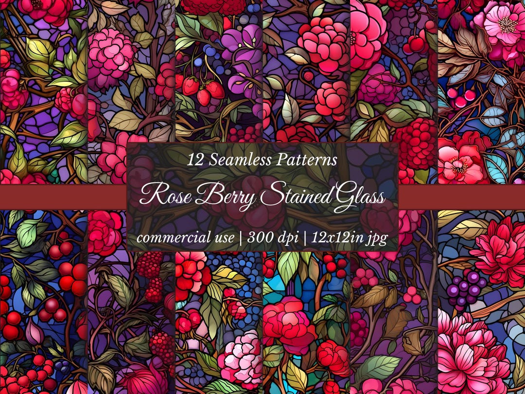 Stained Glass Floral Digital Paper: Rose Berry Botanical Patterns ...