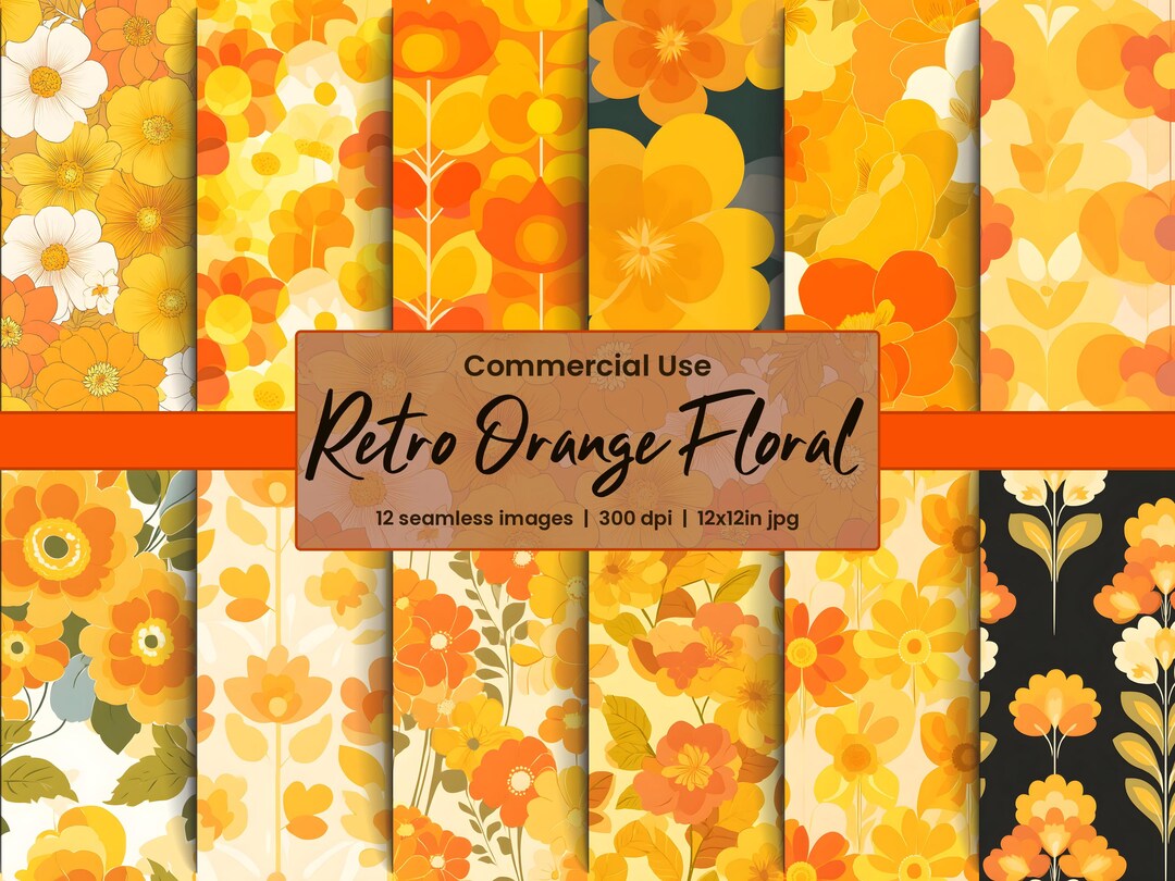 Retro Orange Floral Digital Paper Pack 12 Seamless 70s Style Vintage ...