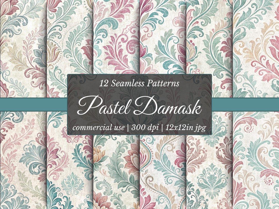 Pastel Damask Digital Paper Pack: Vintage Floral Scrapbook Patterns ...