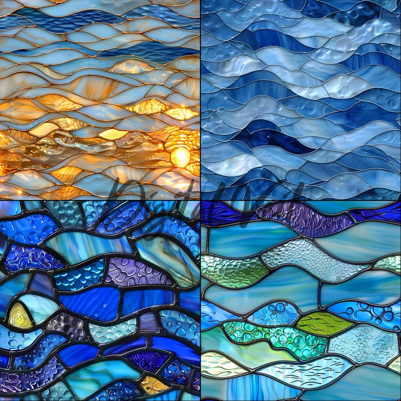 Afp Patterns Ocean Wave Stained Glass Patterns: Seamless Blue Sea Digital Paper (set ...
