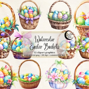 Clipart panier de Pâques aquarelle, lapin & oeuf PNG, printemps Clip Art, téléchargement numérique, usage commercial, Faire-part, scrapbooking