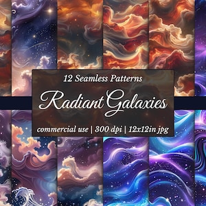 Könnte beinhalten: Eine Sammlung von 12 nahtlosen Mustern mit lebendigen Darstellungen von Galaxien und Nebeln. Die Designs zeigen wirbelnde Farbwolken, darunter Orange-, Lila- und Blautöne, mit sternförmigen Akzenten. Der Text lautet "Radiant Galaxies".