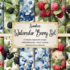 Berry Pattern Set Watercolor Digital Seamless Background Blueberry Raspberry BlackBerry Scrapbook Paper Fabric Sublimation Design