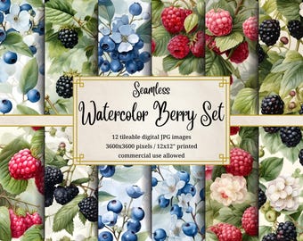 Watercolor Berry Pattern Set: Seamless Digital Backgrounds (Digital Download)