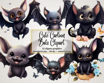 Clipart di pipistrelli, grafica kawaii di Halloween (immagini PNG, download digitale)
