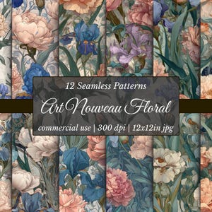 Digitalt papper med blommotiv i jugendstil: Pion- och irismönster (12x12 JPG)