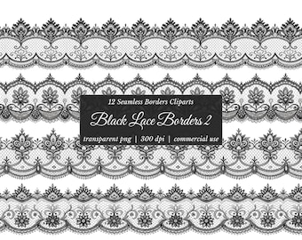 Black Lace Borders Clipart: Seamless Gothic Wedding Invitation Trim (PNG, Commercial Use)