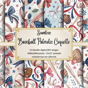 May include: Twelve digital seamless patterns featuring baseballs, red, white, and blue bows, stars, and baseball bats. The patterns are 3600 x 3600 pixels and are suitable for printing.