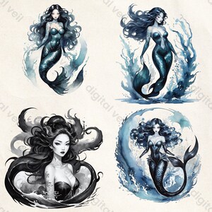 Dark Sirene Clipart: Mystische Meerjungfrau, Aquarell Fantasy & Elegante Meeresgöttinnen (Kommerzielle Nutzung) Bild 3