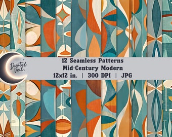 12 Mid-Century Modern nahtlose Muster: geometrische Retro-Designs (Digitaler Download)