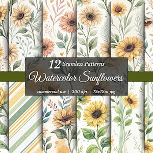 Watercolor Sunflower Digital Paper, Seamless Floral Backgrounds, 12x12 Scrapbook Papers, Yellow Green Printable Pack
