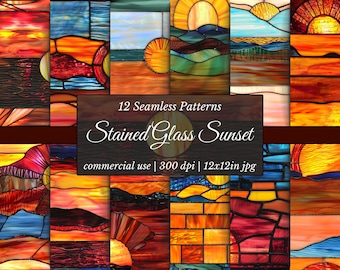 Sunset Stained Glass Patterns: 12x12 Seamless JPGs (Digital Download)