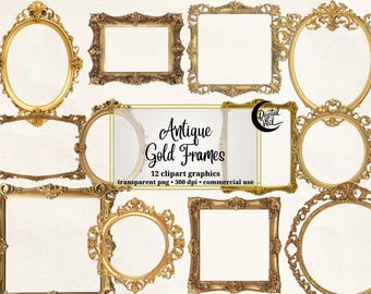May include: Twelve gold antique picture frames with ornate details. The frames are in various shapes and sizes, including square, rectangle, and oval. The frames are isolated on a white background.