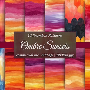 Peut inclure: Douze motifs sans couture sur le thème des couchers de soleil ombrés, avec des couleurs vives comme le rouge, l'orange et le violet. L'image comprend le texte "Ombre Sunsets" et des détails sur l'utilisation commerciale et la résolution.