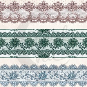May include: Digital image featuring three decorative lace borders. The top border is a mauve color with floral and scroll designs. The middle border is green with floral and scalloped edges. The bottom border is blue with floral and scroll designs.