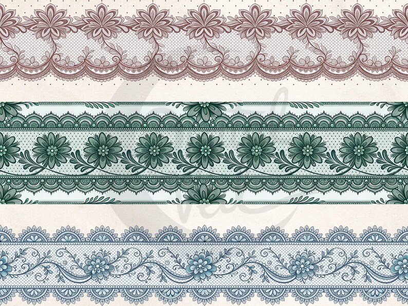 May include: Digital image featuring three decorative lace borders. The top border is a mauve color with floral and scroll designs. The middle border is green with floral and scalloped edges. The bottom border is blue with floral and scroll designs.
