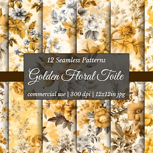 Golden Floral Toile Pattern, Vintage Fabric Print (Digital Download)