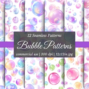 Pode incluir: Imagem digital com 12 padrões de bolhas sem costura. As bolhas são de vários tamanhos e cores, incluindo rosa, roxo, azul e amarelo, com reflexos. O texto "Bubble Patterns" está incluído.