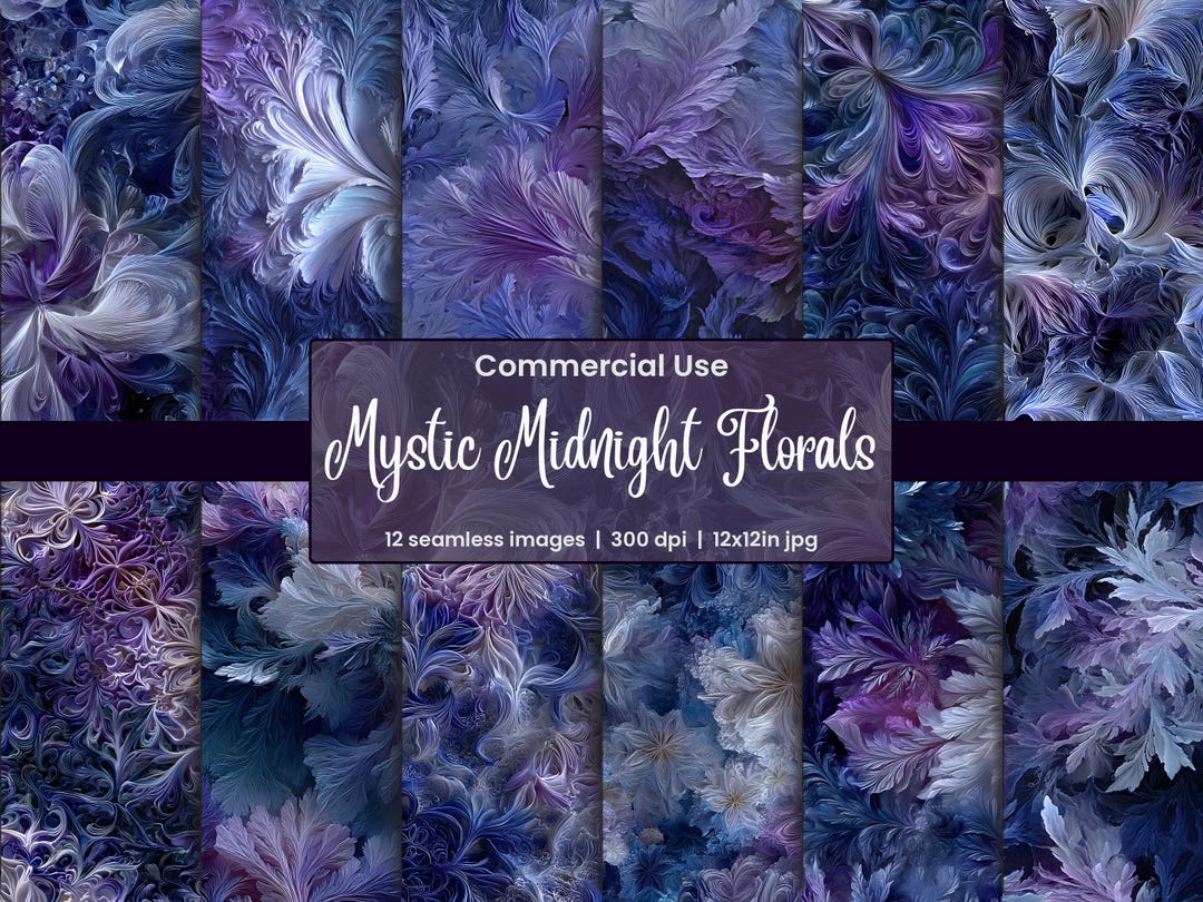 Mystic Midnight Floral Digital Paper Pack, Seamless Dark Blue Purple ...