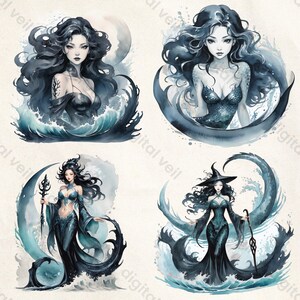 Dark Sirene Clipart: Mystische Meerjungfrau, Aquarell Fantasy & Elegante Meeresgöttinnen (Kommerzielle Nutzung) Bild 4