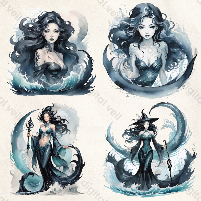 Dark Sirene Clipart: Mystische Meerjungfrau, Aquarell Fantasy & Elegante Meeresgöttinnen (Kommerzielle Nutzung) Bild 4