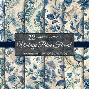Vintage Floral Digital Paper Patterns, Blue Seamless Floral Backgrounds, Elegant Botanical Scrapbooking, Wedding Craft Designs