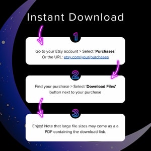 Peut inclure: Un guide en trois &eacute;tapes pour t&eacute;l&eacute;charger des fichiers num&eacute;riques depuis Etsy. Les &eacute;tapes sont num&eacute;rot&eacute;es 1, 2 et 3. Les &eacute;tapes sont &eacute;crites en texte blanc sur un fond bleu fonc&eacute; avec une forme de croissant de lune en arri&egrave;re-plan. Le texte comprend l'URL : etsy.com/your/purchases