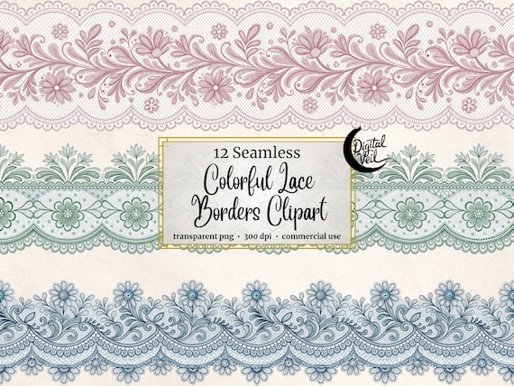 Vintage Floral Lace Borders Clipart: Colorful Seamless PNG (Digital Download)