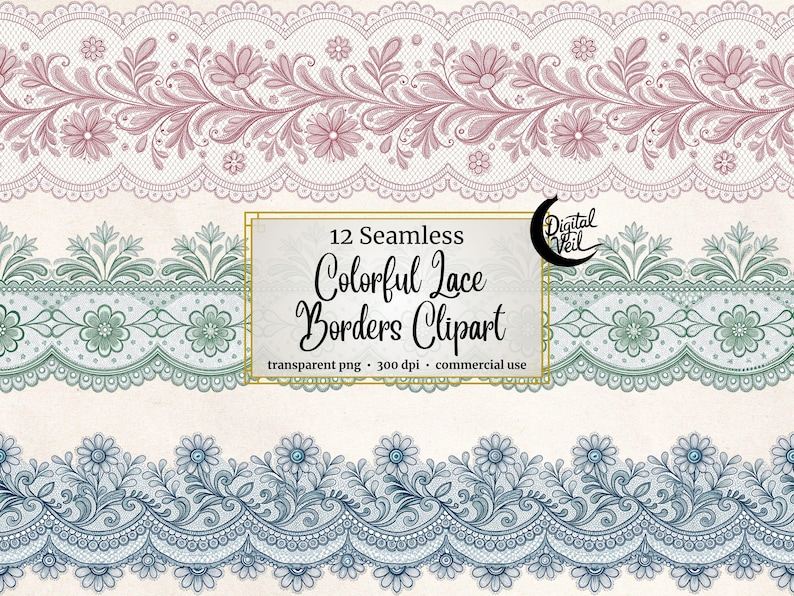Vintage Floral Lace Borders Clipart: Colorful Seamless PNG (Digital Download) image 1