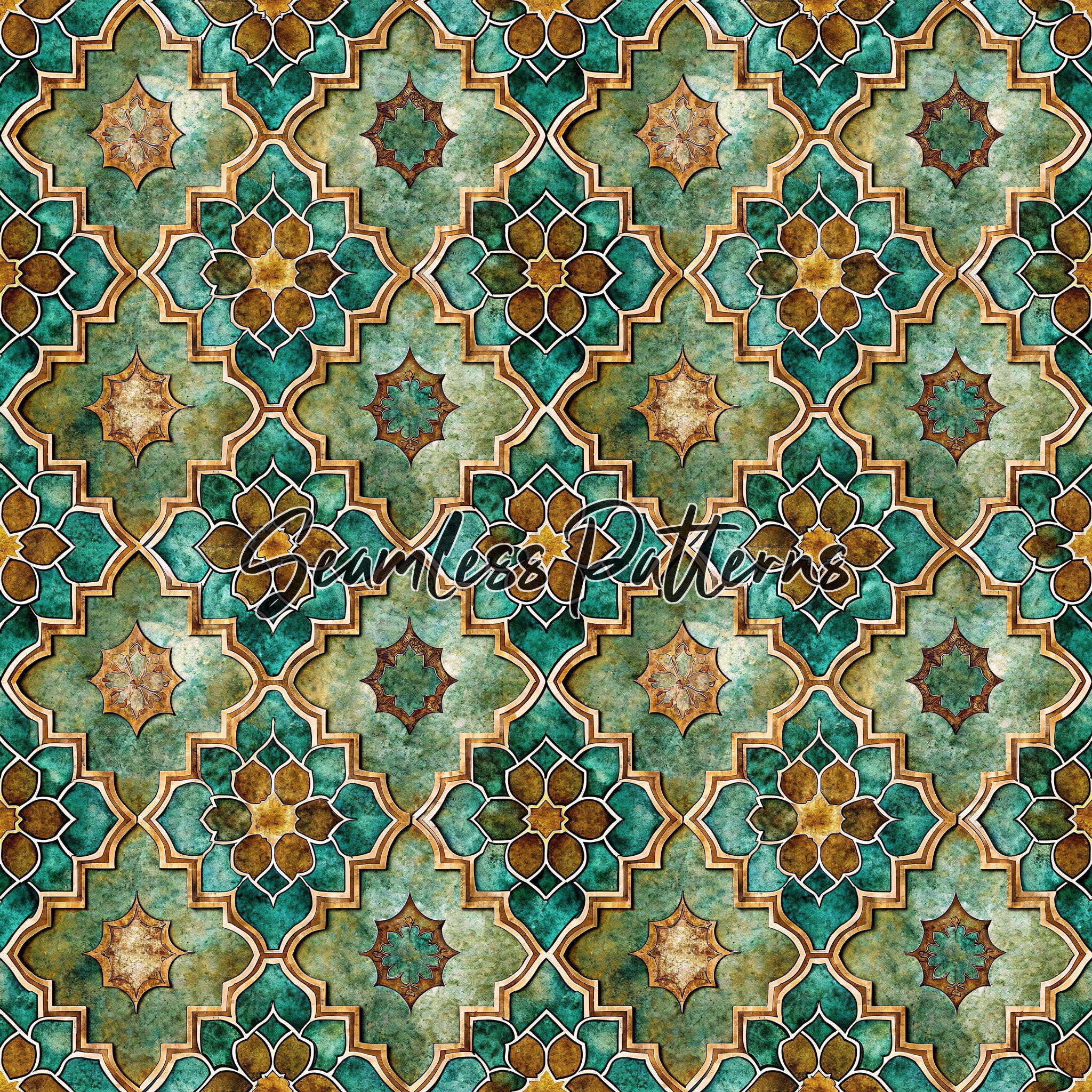 Teal & Gold Moroccan Tile Digital Paper: Seamless Watercolor Patterns ...