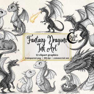 Drachen Clipart PNG schwarz weiß Fantasy Kunst digitaler Download Gothic Drache Illustration dunkel Academia mittelalterliche Fantasie Drachen Wandkunst