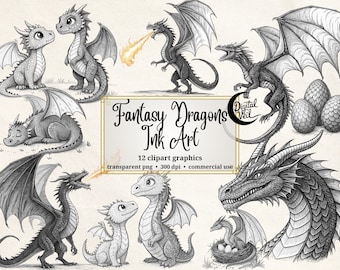 Dragon Clipart PNG: Black & White Fantasy Art (Digital Download)