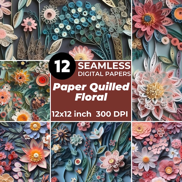 Quilled Paper Style Flower Garden Seamless Textures - Versatile 12-Piece Set for Print and Digital Designs, Commercial Use, Instant download