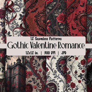 May include: Twelve seamless digital paper patterns in a gothic valentine romance theme. The patterns feature red roses, black and white paisley designs, skulls, and hearts. The patterns are 12x12 inches and 300 DPI.