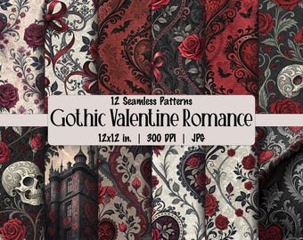 Gothic Valentine Digital Paper: Skull & Rose Baroquism Patterns (JPG)