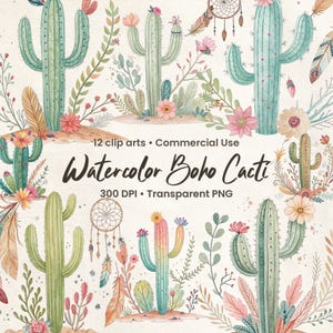 Aquarel Boho Cactus Clip Art 12 PNG's voor commercieel gebruik Desert Floral Boho Digitale Download Craft Supplies DIY-uitnodigingen