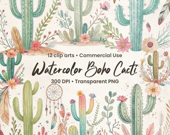 Watercolor Cactus Clip Art: Boho Desert PNGs (Digital Download)